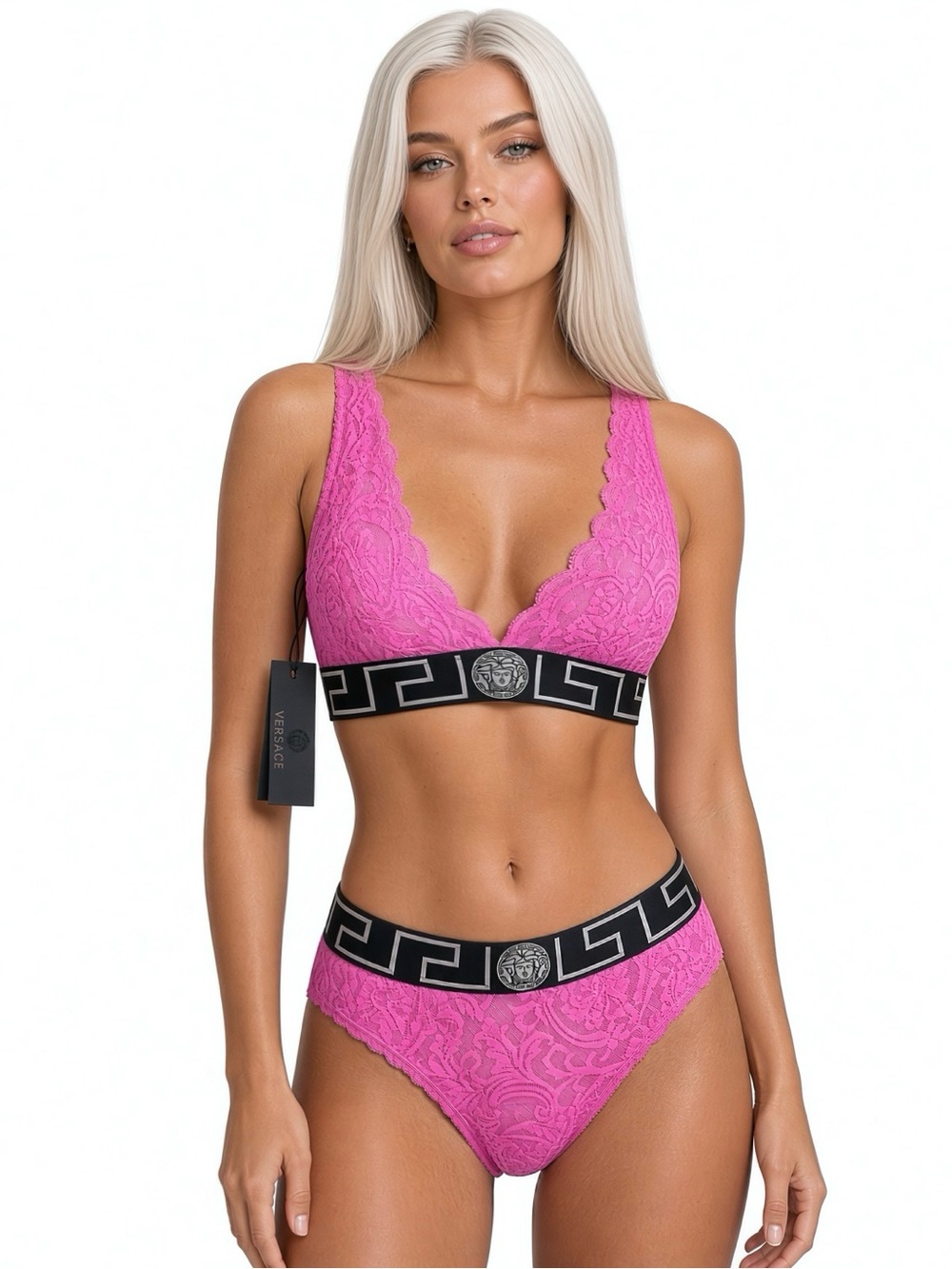 Versace Hot Pink Lace Bralette & Brief Set with Black Logo Band